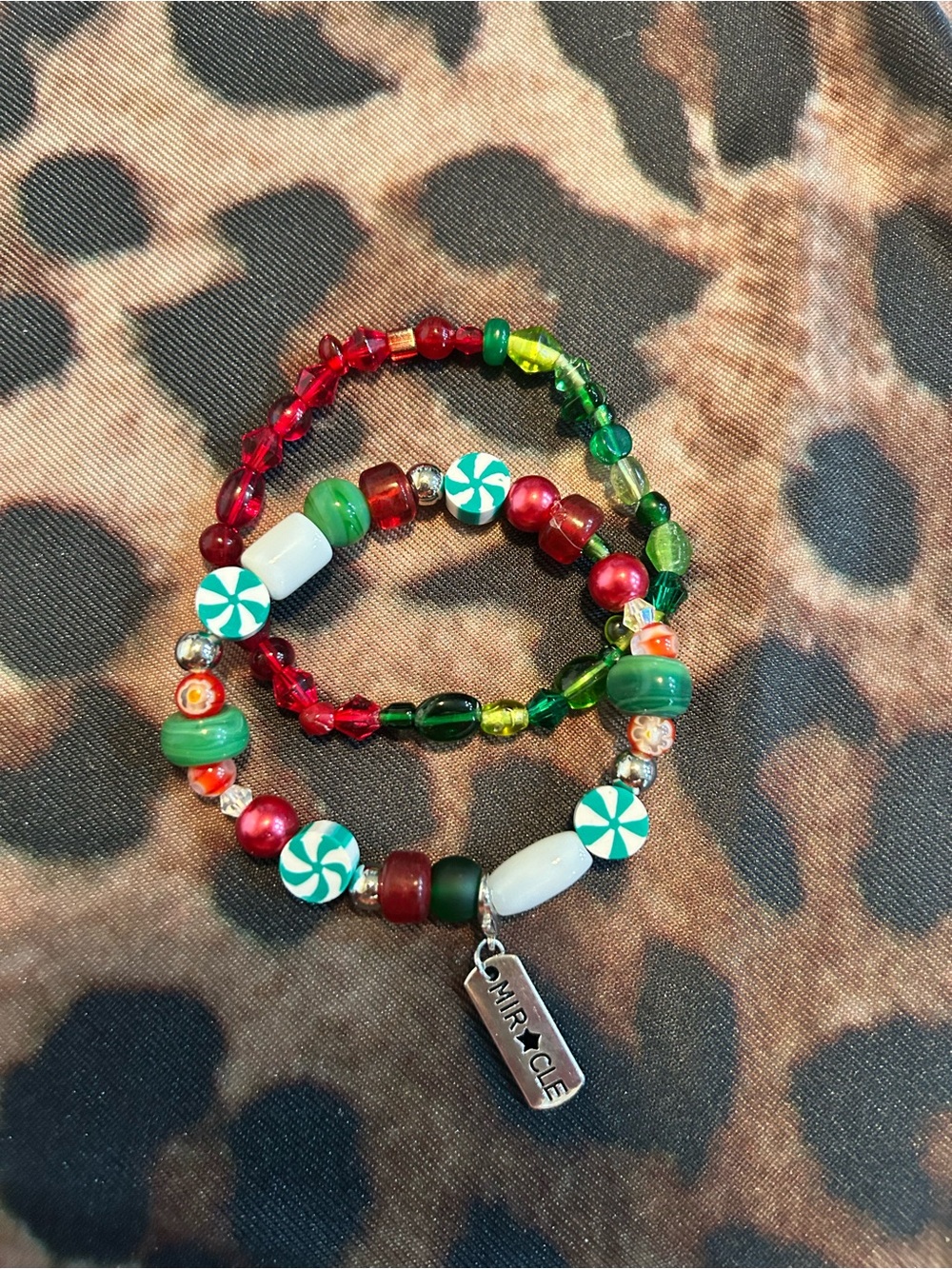Hand Crafted Red and Green Beaded Stretch Bracelet Set with Candy Disc Accents